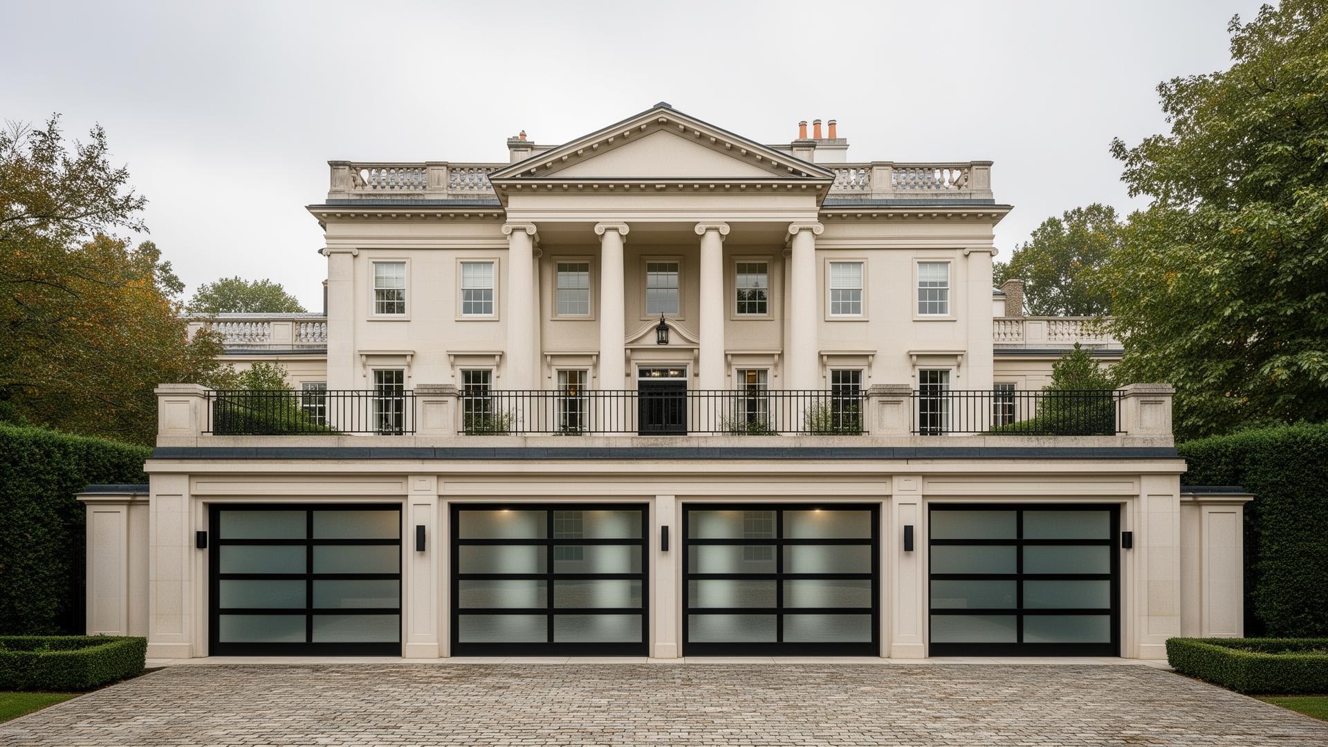 Modern glass and aluminum garage doors on a stately Georgian mansion in Hildebran NC